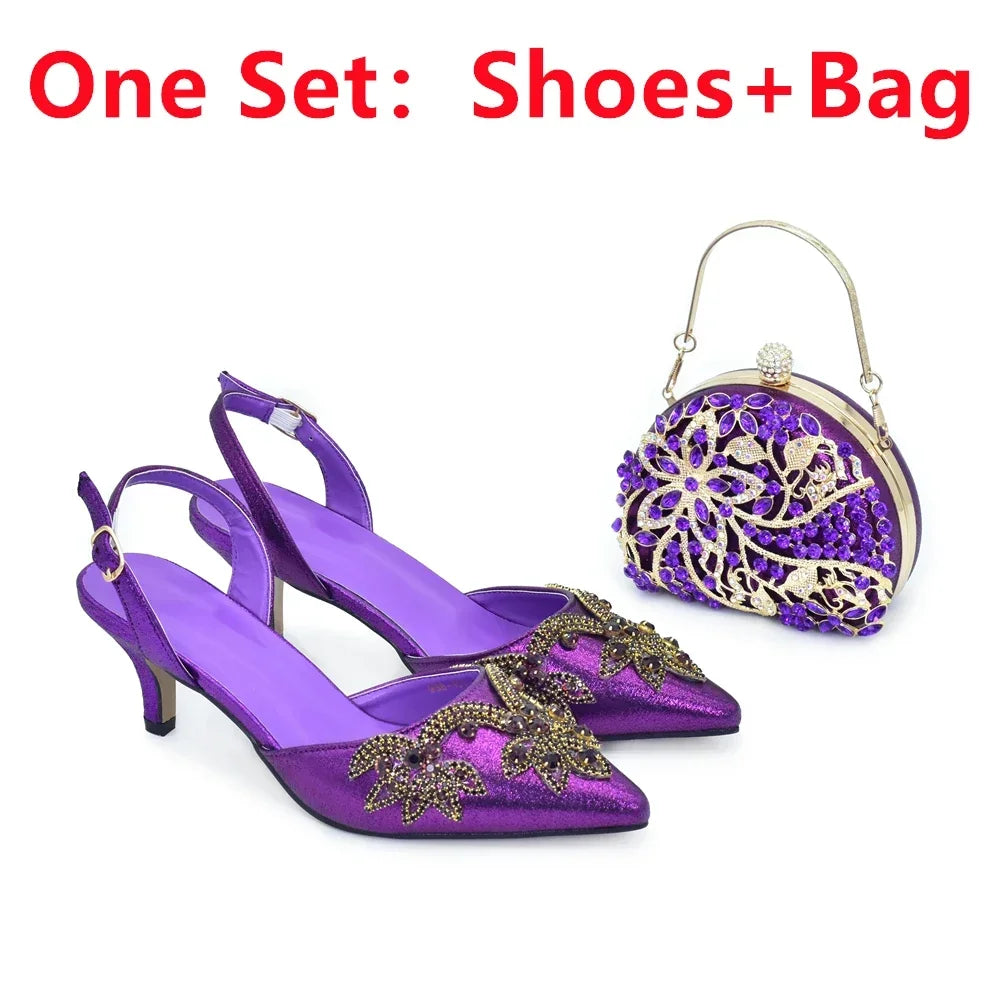 New Fashion Women Shoes and Bags To Match Set Nigeria Party Full Diamond Decoration Metal Closure Shoes for Party Luxury Pumps