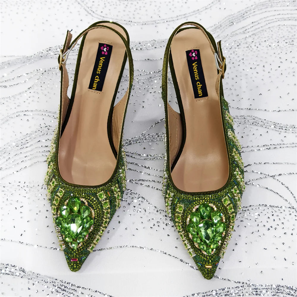 Venus Chan 2026 Olive Green Italian Butterfly Design Pointed Toe Slingback Sandals with Matching Bag - Elegant Set Perfect