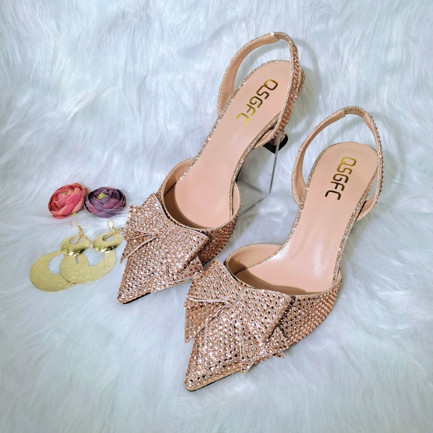 QSGFC Crystal Decoration Style Wine Glass Heel Shoes Friends Party Shoes Nigerian Fashion Peach Ladies Shoes And Bag For Party
