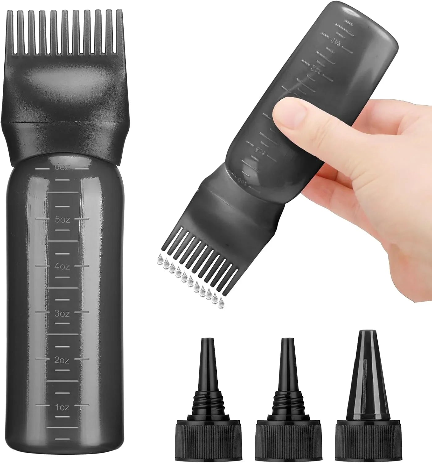Hair Oil Application Bottle, with 3 Pointed Mouth Caps and 6 Ounces Hair Dye Bottle Root Comb, Suitable for Scalp (black&white)