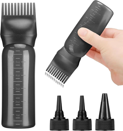 Hair Oil Application Bottle, with 3 Pointed Mouth Caps and 6 Ounces Hair Dye Bottle Root Comb, Suitable for Scalp (black&white)