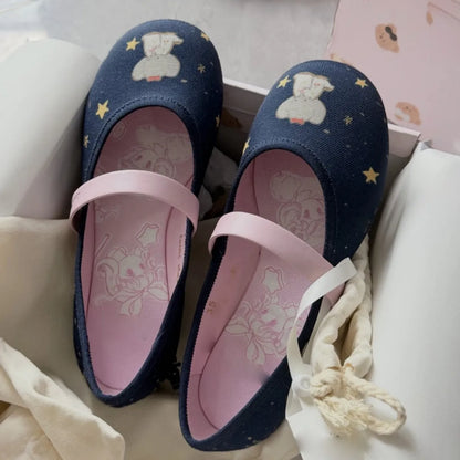 Denim Elephant Print Mary Jane Shoes For Women, Round Toe, Flat Ballet Shoes With a Shallow Neckline