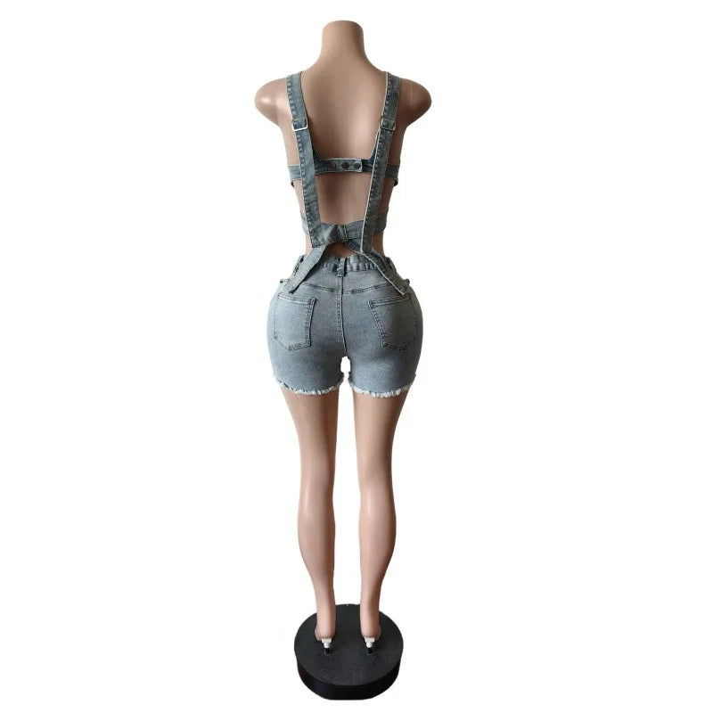 Streetwear Hollow Out Jeans Shorts Outfit Set Sexy Women Elegant Two Pieces Denim Club Matching Set Top+Shorts