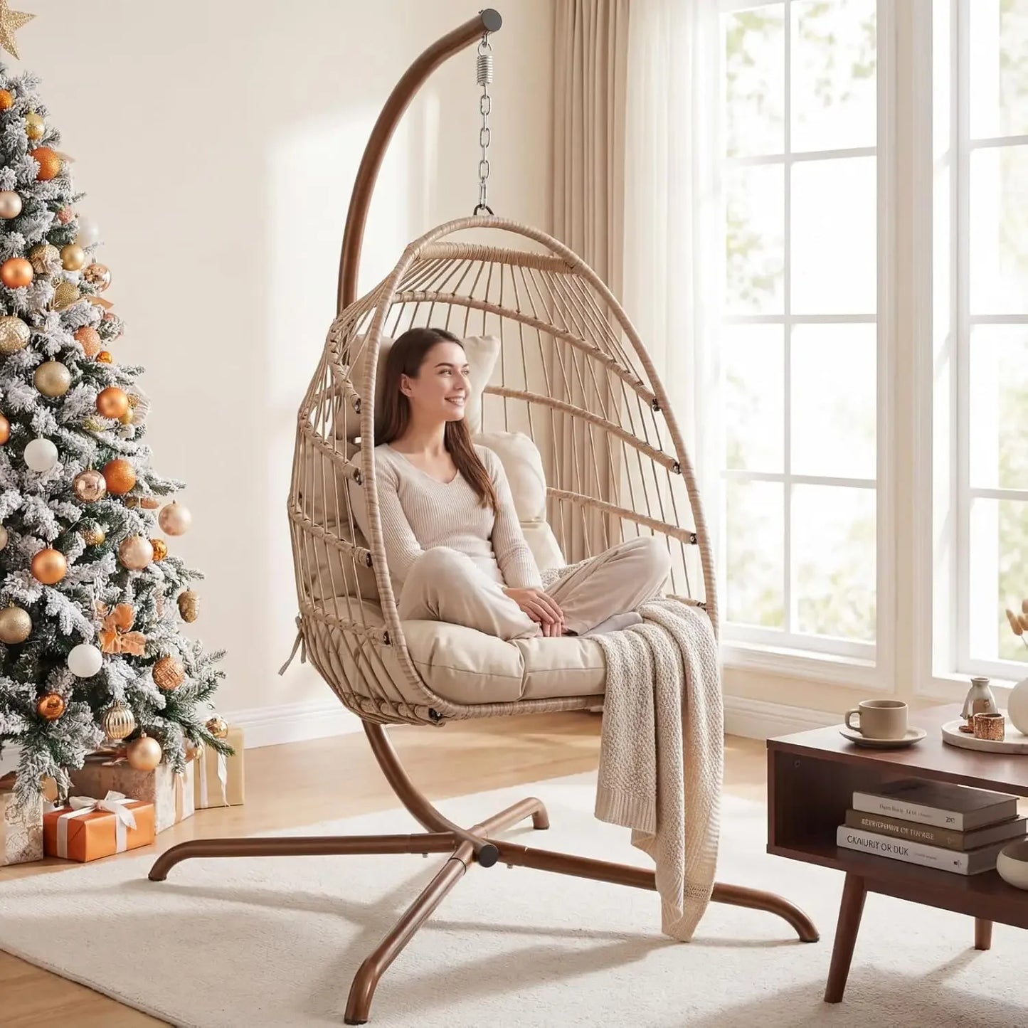 Hanging Egg Chair with Stand Indoor Outdoor, Wicker Patio Swing Seat Cushion, 350lbs Sturdy Hammock for Deck Balcony