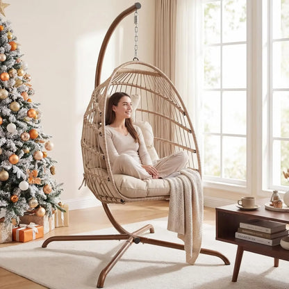Hanging Egg Chair with Stand Indoor Outdoor, Wicker Patio Swing Seat Cushion, 350lbs Sturdy Hammock for Deck Balcony