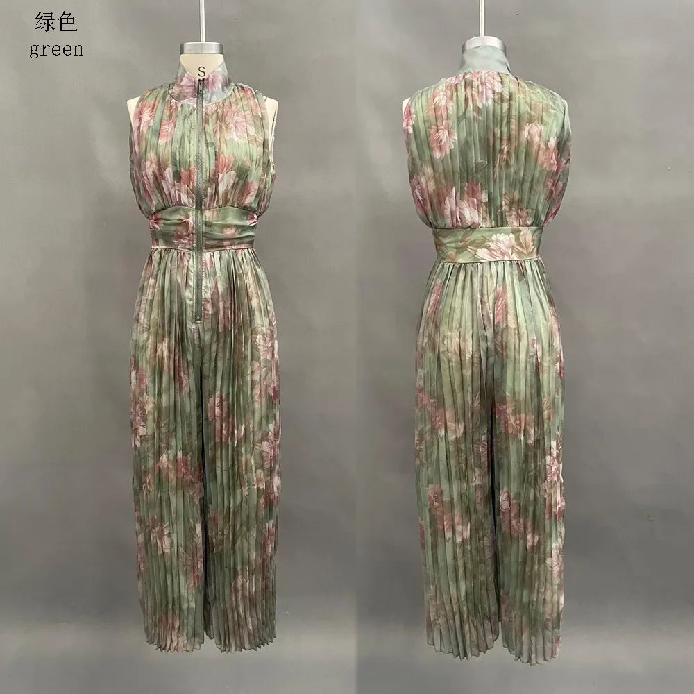 Sexy Deep V Neck Hollow Zip Jumpsuit Women's Spring Solid High Waist Wide Leg Romper Summer Sleeveless Pleated Vacation Overalls