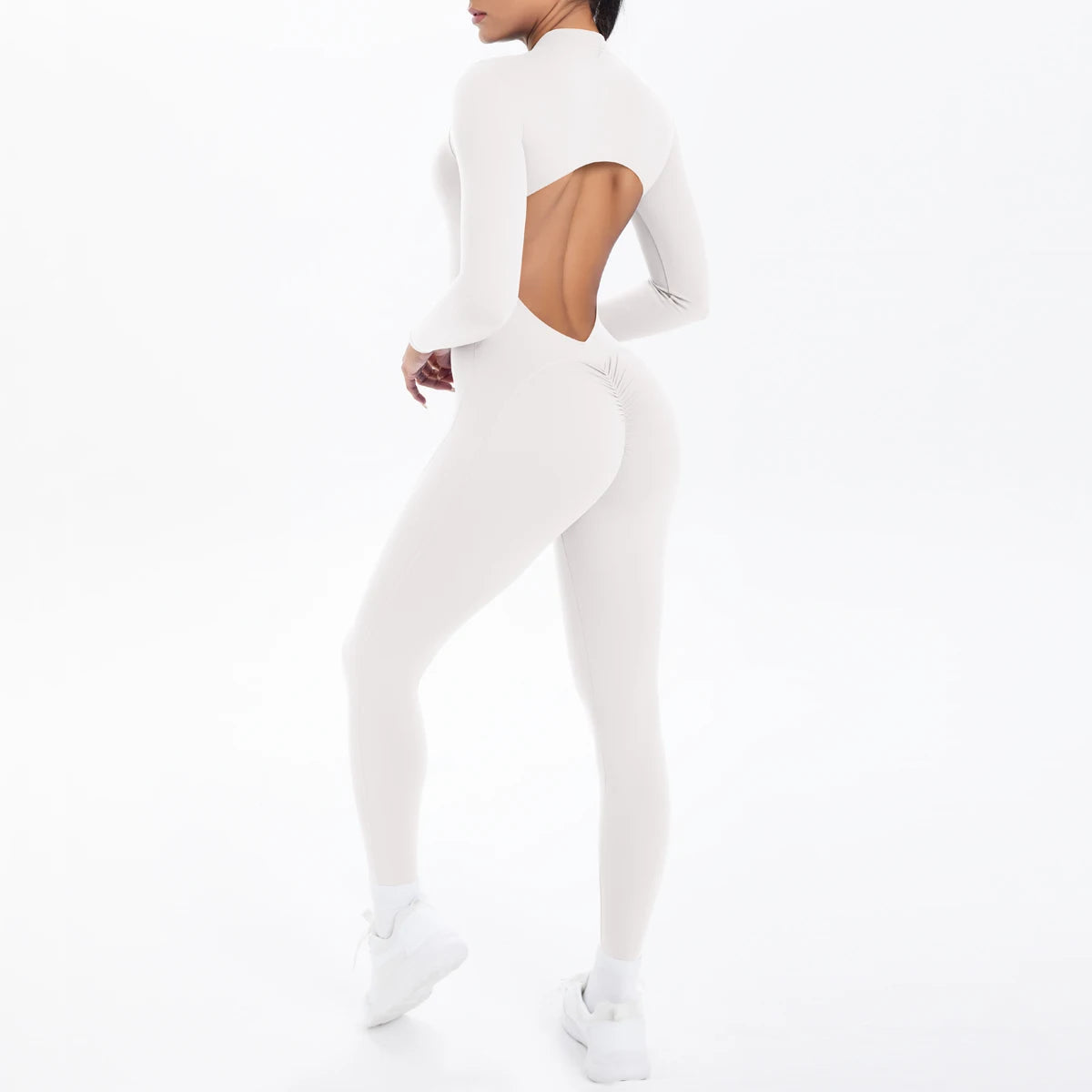 Solid Color Bodysuits for Woman's Backless Long Sleeved Zipper Yoga Jumpsuits High Dtrength Workout Sports Fitness Clothing Set