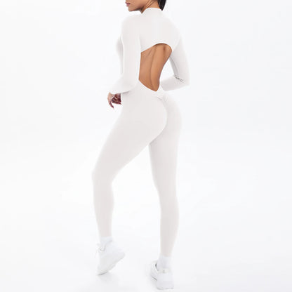 Solid Color Bodysuits for Woman's Backless Long Sleeved Zipper Yoga Jumpsuits High Dtrength Workout Sports Fitness Clothing Set