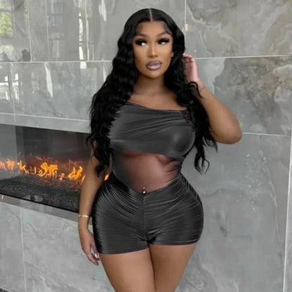 ANJAMANOR Splicing Mesh See Through Black Sexy Off Shoulder Romper Jumpsuit Woman Clothing Clubwear New Arrivals 2025 D85-BG19