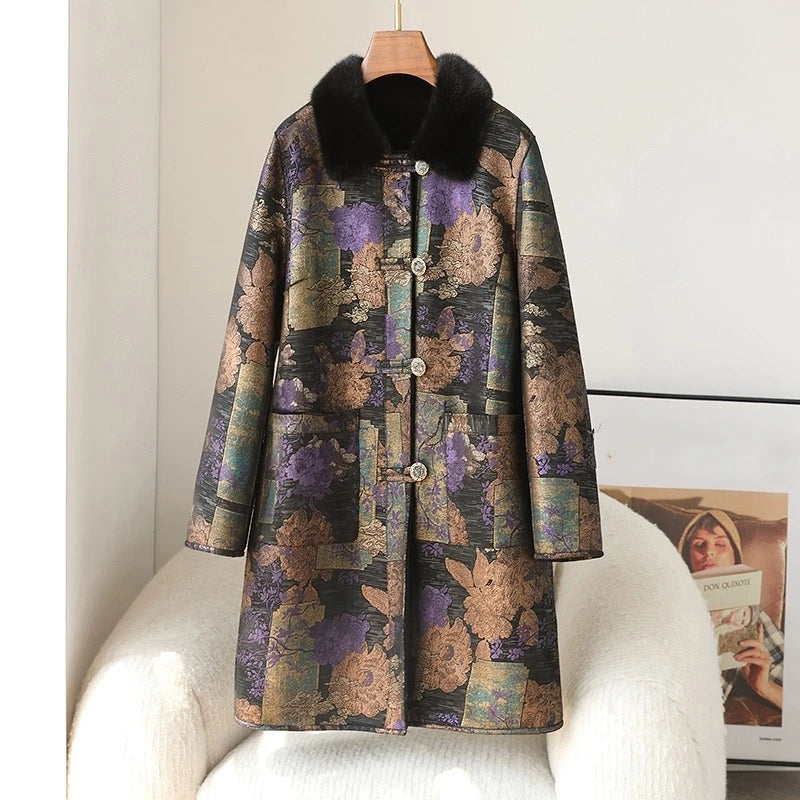 PUDI 2024 Hot Sale Women Sheep Shearling Print Coat Female Full Pelt Fur With Mink Fur Collar Winter Jacket  CT440