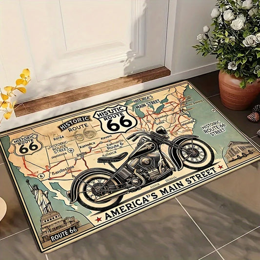 "Vintage Road Trip" Doormat – Classic Motorcycle & Map Design, Non-Slip & Machine Washable for Entryway or Home Decor