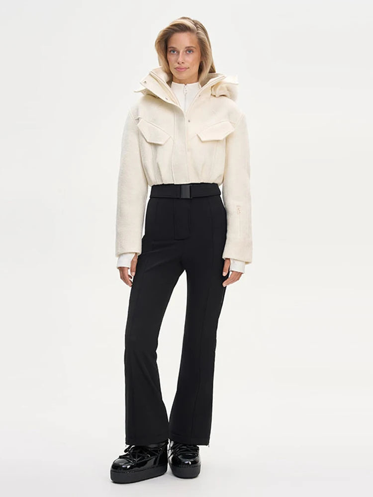 Faux Fur Patchwork Ski Jumpsuit Women Detachable Hoodie Long Sleeves Belts Zipper Warm Skiwear Female 2025 Winter Warm Rompers