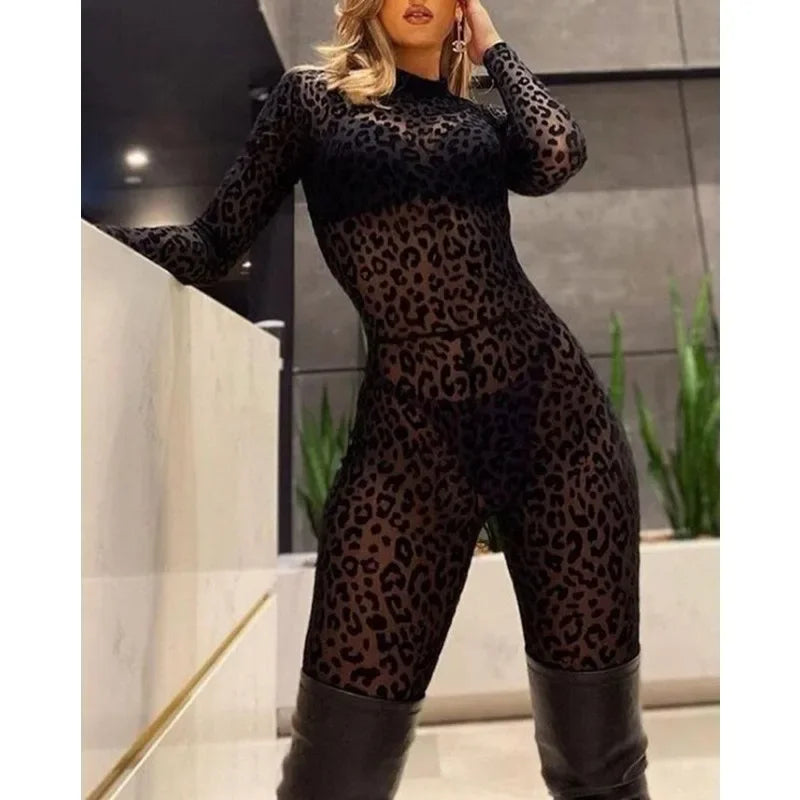Flocking See-through Jumpsuit Rompers High Waist Trend Slim-Fit Bodycon Jumpsuits Women Long-Sleeved Sexy Skinny Sexy Jumpsuits