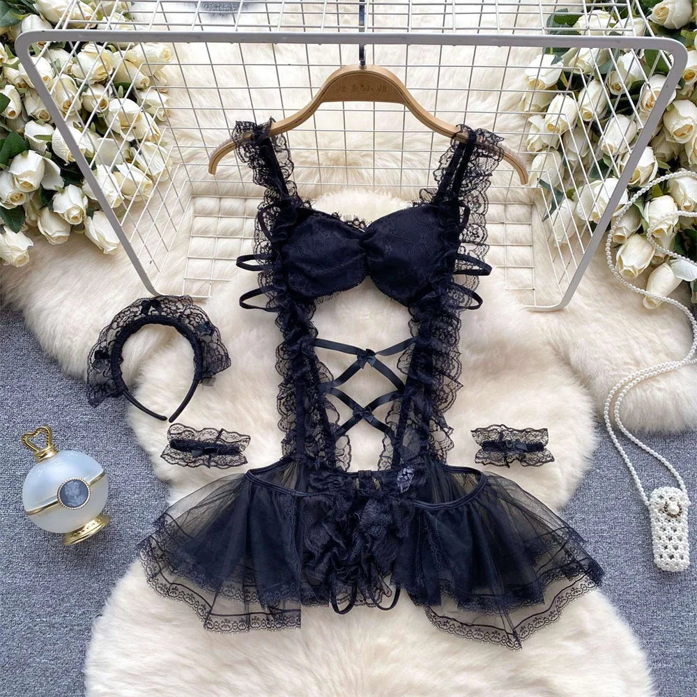 Women Lace Patchwork Velour Strappy Catsuits Fashion One Piece Combination Rompers Erotic Fashion Sexy Bunny Bodysuits Cosplay