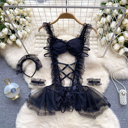Women Lace Patchwork Velour Strappy Catsuits Fashion One Piece Combination Rompers Erotic Fashion Sexy Bunny Bodysuits Cosplay
