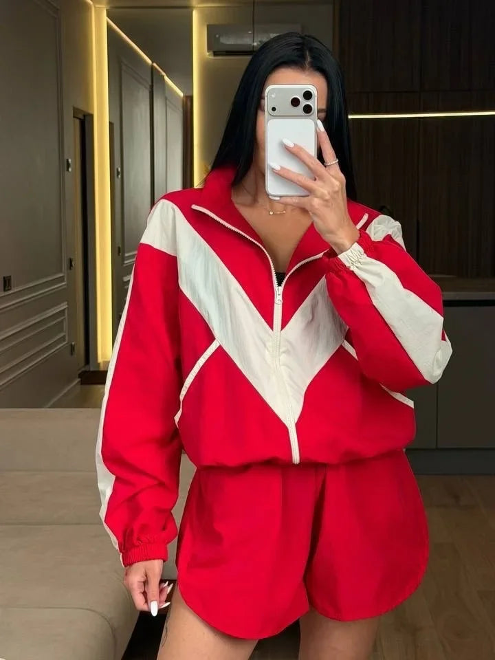 Chevron Stripe Windbreaker Tracksuit Women Casual Zip Cropped Jacket Contrast Trim Shorts Suit Lady Daily Jogging Street Outfit