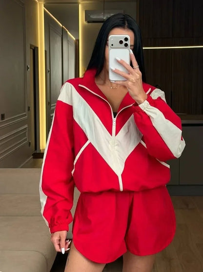Chevron Stripe Windbreaker Tracksuit Women Casual Zip Cropped Jacket Contrast Trim Shorts Suit Lady Daily Jogging Street Outfit