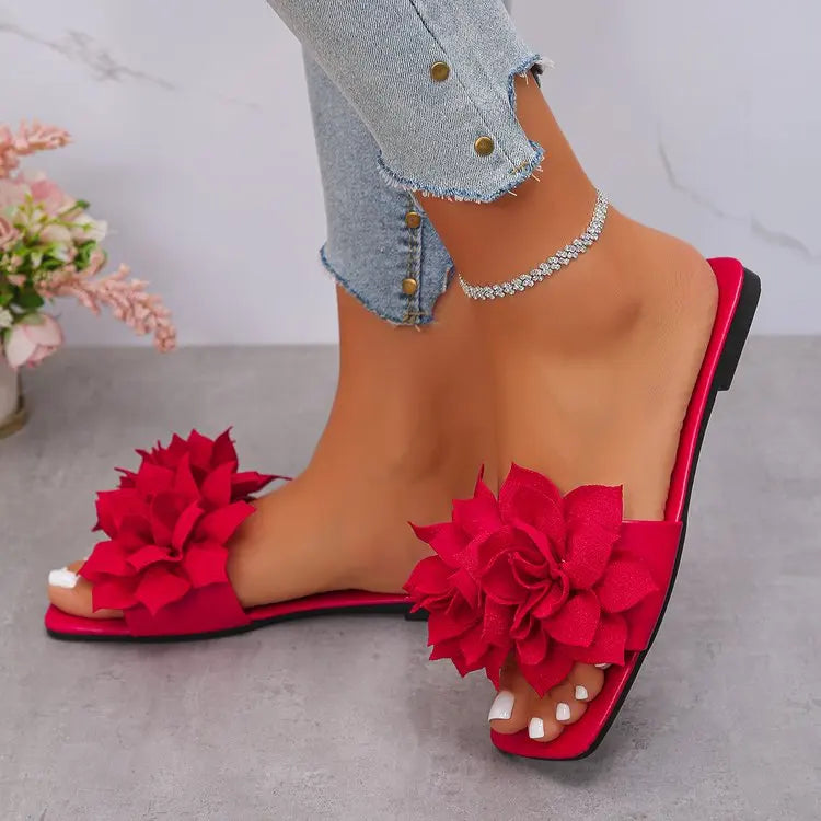 Women Flat Slippers 2026 Summer New Solid Color Sandals Flowers Open Toes Slippers Casual Fashionable Beach Shoes Slides Women