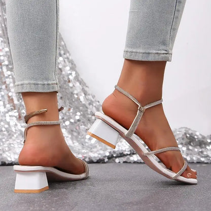 Elegant Square Toe Medium Heel Woman's Sandals Women Summer 2026 Luxury Rhinestore Strap Sandals Plus Size Woman Designer Shoes