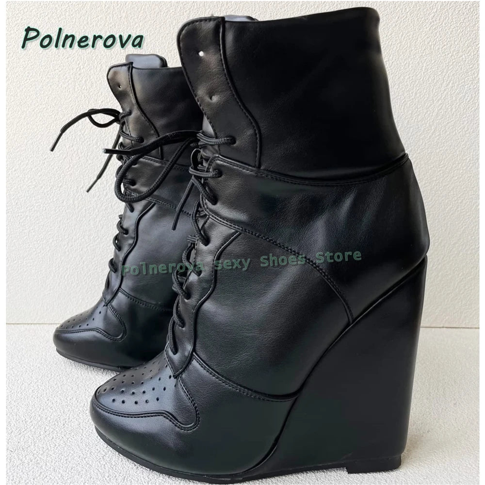 Cross Tied Wedge Mid-Calf Boots Pointed Toe Height Increase Patchwork Plus Size 36-47 Women Ankle Boots 2025 Casual Shoes Trend