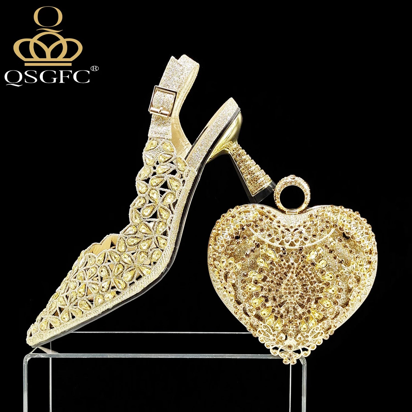 QSGFC Italian Design Rhinestone-encrusted Sex Ladies Shoes And Special Bag High Heels And Heart Shape Gold Mini Bag