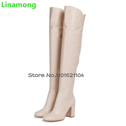 Square Heel Round Toe Leather Fabric Boots For Female Women 2024 Winter New Over-the-knee Side Zipper Elegant Fashion Solid Shoe