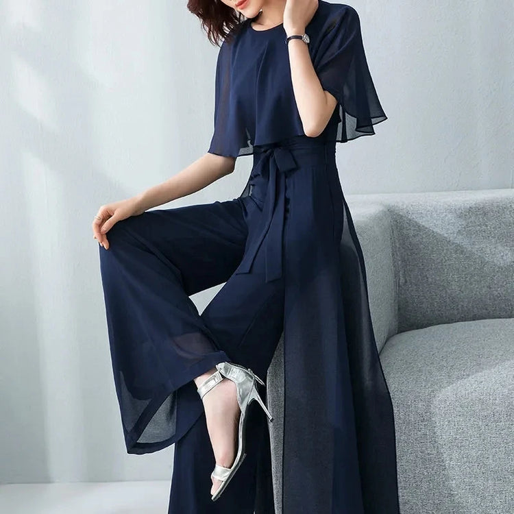 2024 New Summer Women Chiffon Jumpsuits Female Casual O Neck Sashes Overalls Ladies Wide -Leg Romper Solid Streetwear Playsuit