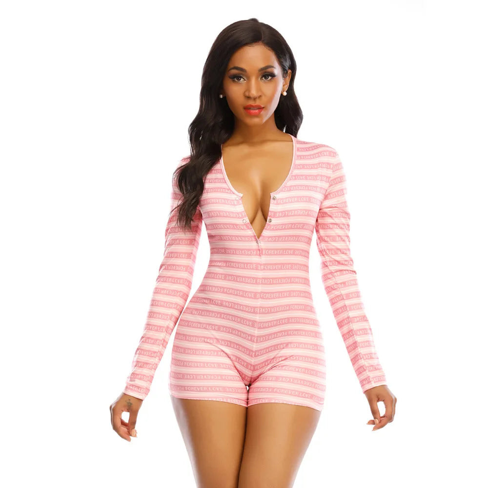 Womens Playsuit Sexy Pajama with Butt Flap Valentines Day Overalls Jumpsuit  Long Sleeve V Neck Women Bodycon Romper Sleepwear