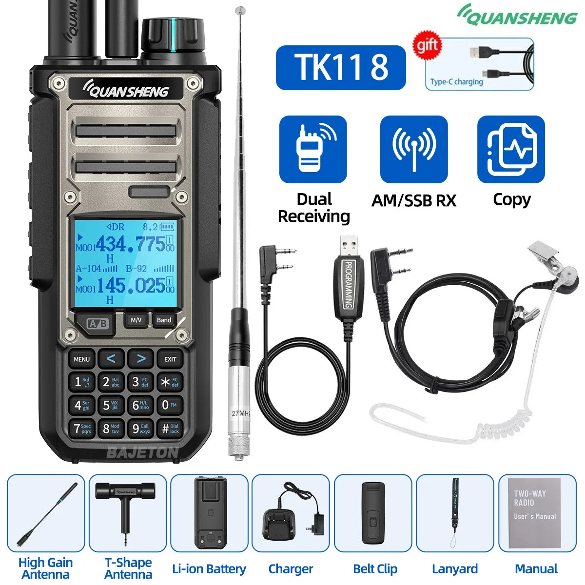Quansheng TK11 8 Walkie Talkie 10W Dual Receiving PTT AM SSB 27MHz CB CW LSB LW MW SW Type-C NOAA for UV-K5 8 Ham Radio TK-11 5