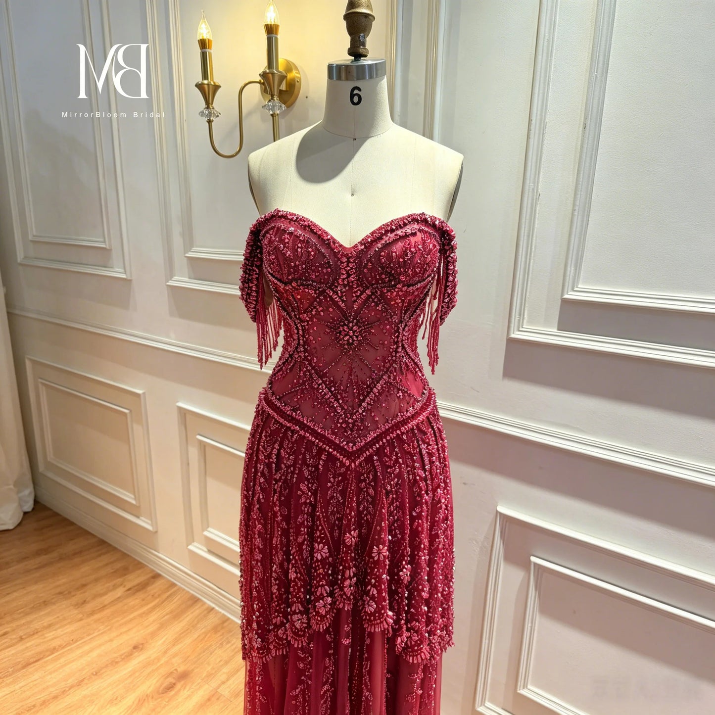 Red Off-the-Shoulder Strapless Sleeveless Floor-Length Formal Ball Gown Beadwork Embroidery Glowing Women's  Occasion Dress