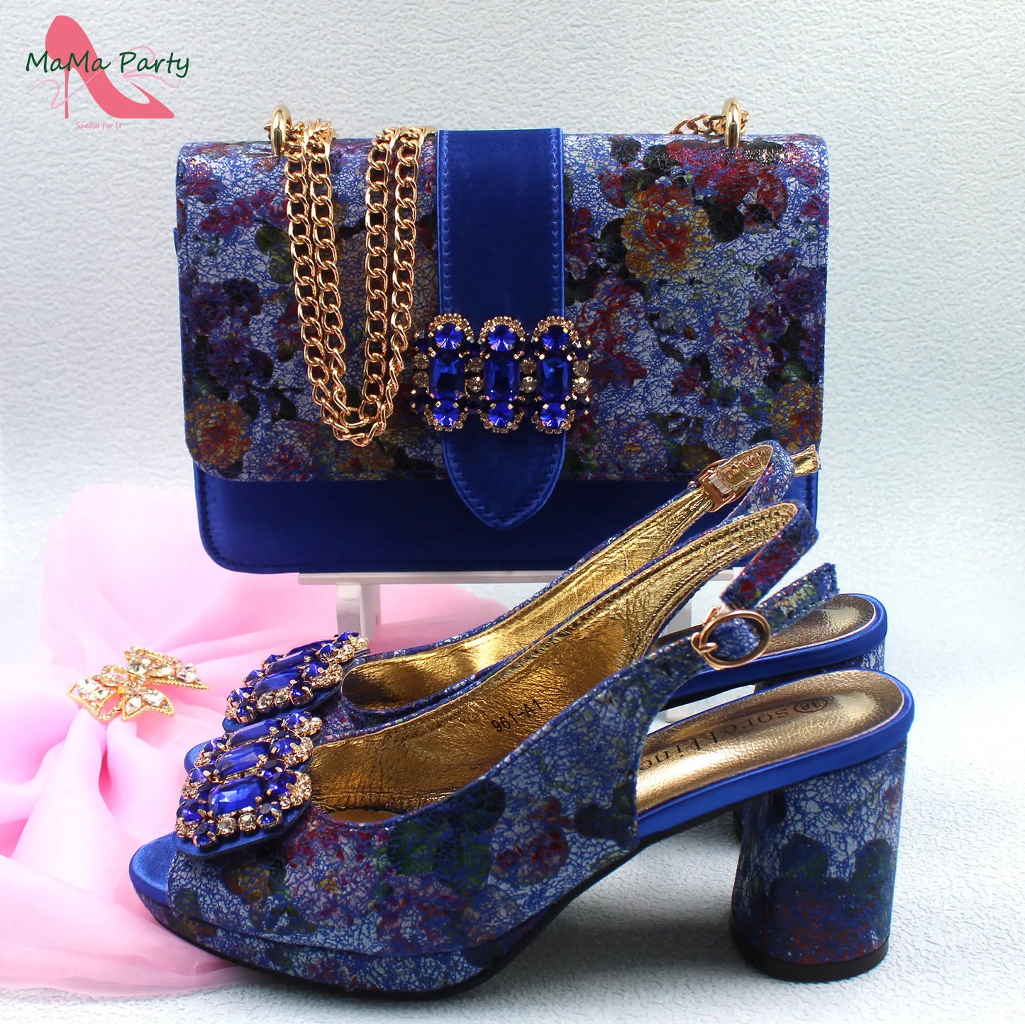 2024 Mature Style High Quality Comfortable Heels Italian Women Shoes and Bag Set with Shinning Crystal in Yellow Color