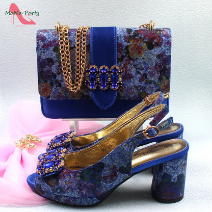 2024 Mature Style High Quality Comfortable Heels Italian Women Shoes and Bag Set with Shinning Crystal in Yellow Color