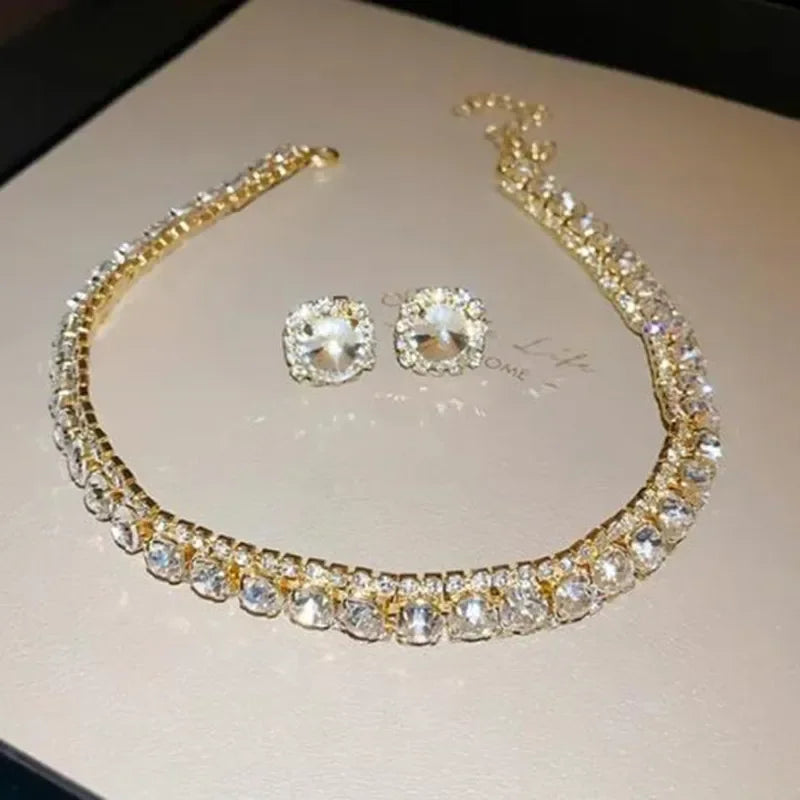 FYUAN Luxury Crystal Necklace Earrings Set Pink ABcolourful Necklace for Women Weddings Party Jewelry Sets Accessories