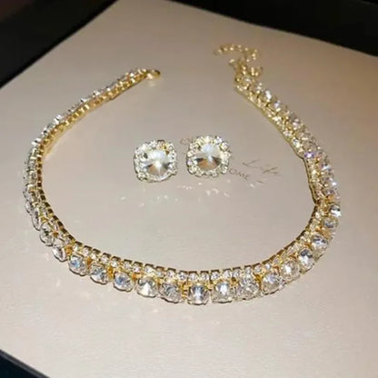 FYUAN Luxury Crystal Necklace Earrings Set Pink ABcolourful Necklace for Women Weddings Party Jewelry Sets Accessories