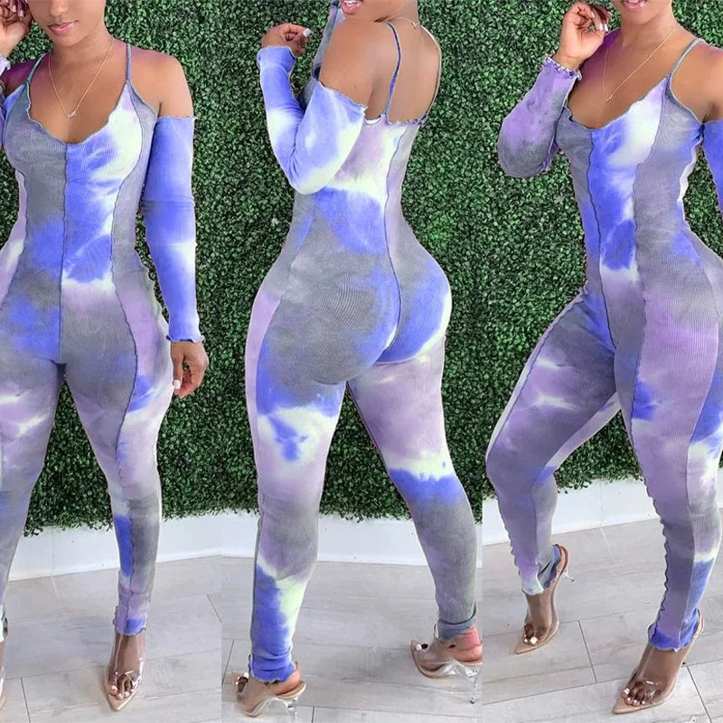 Foreign trade tie-dye print deep V-neck sexy camisole long-sleeved jumpsuit for women