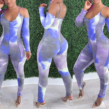 Foreign trade tie-dye print deep V-neck sexy camisole long-sleeved jumpsuit for women