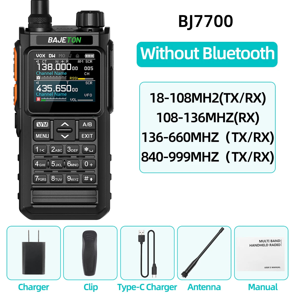 BAJETON BJ-7700 Walkie Talkie Multi Band Wireless Bluetooth Phone Programming Noise Reduction AM FM Ham Radio For Camping BT8200