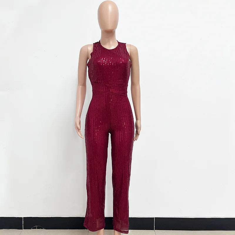 Bling Bling Sequined Club Jumpsuit Sexy Women O-neck Elegant Shiny Sliver Gold Sequins Straight Romper Overalls