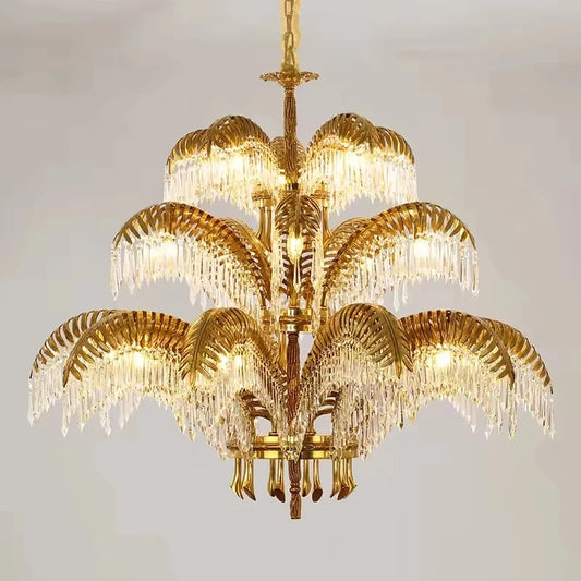 Hand Carving Gold Brass Hanging Pendant Lights Villa Living Room Luxury Crystal Palm Chandelier