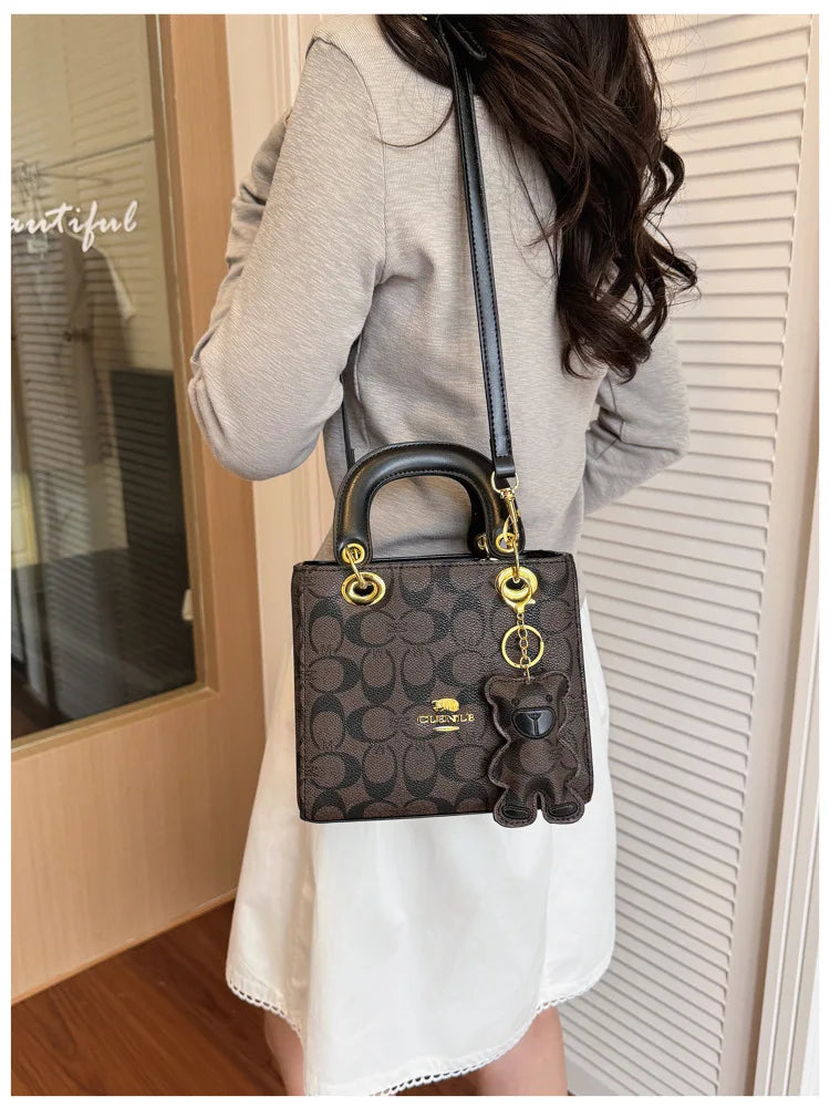 Luxury Women Bag 2026 New Vintage Classic Monogram Handbag Fashion Designer Ladies Tote Crossbody Bag with Bear Charm