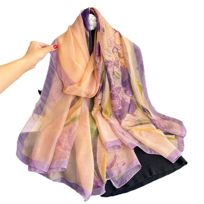 New Fashion Pink Silk Scarf Soft Stoles Women Summer Hijab Scarf Luxury Print Sunscreen Shawl Wraps Bandana Ladies Head Scarves