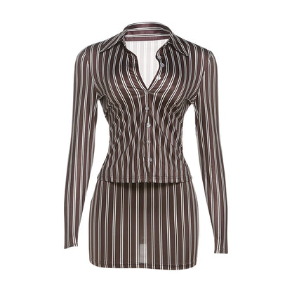 Weird Puss Stripes Print 2-Piece Set Women Tracksuit Crop Blouse+Peach Hip Skirts Matching Streetwear Office Elegant Outfits