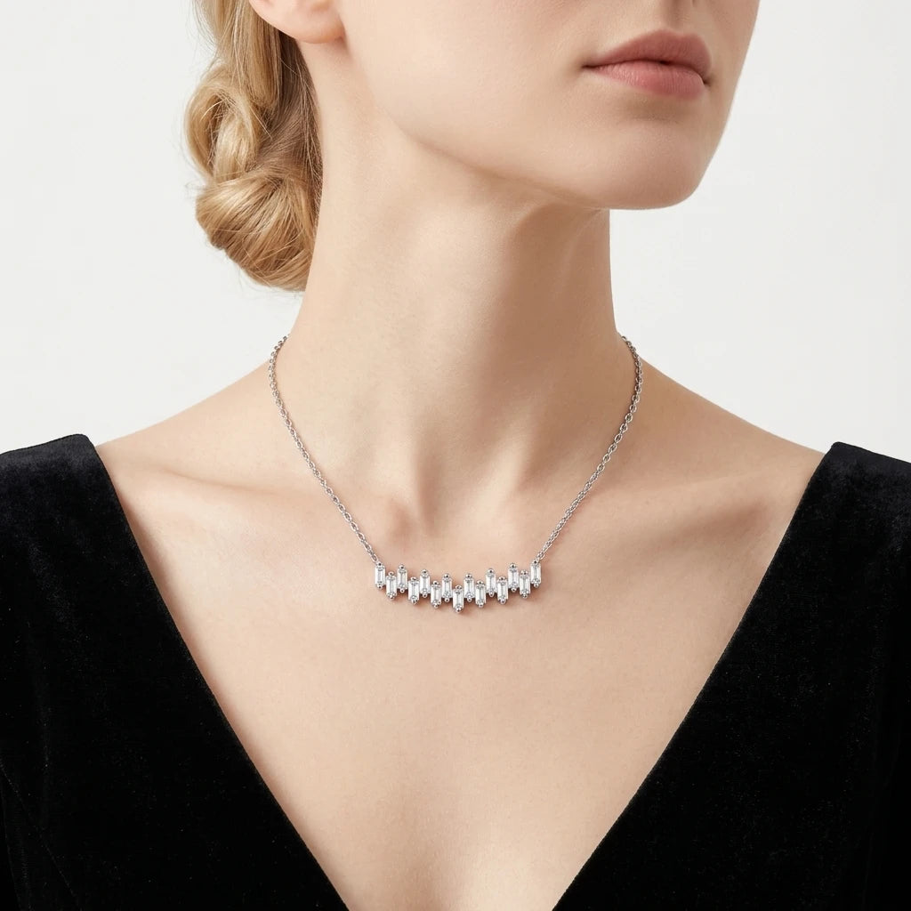 GRA Certified Moissanite Necklace 925 Sterling Silver, Baguette Cut V-Shape Clavicle Chain D Color VVS1 Fine Jewelry