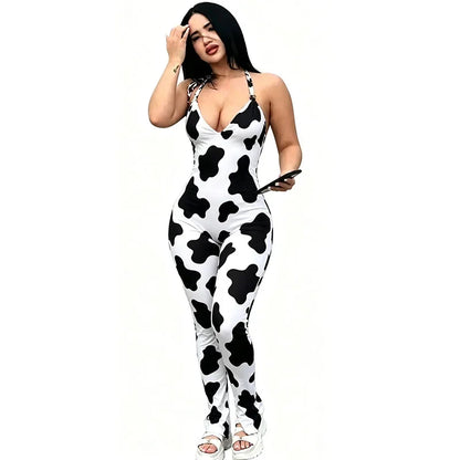 Doyerl Leopard Print Women's Jumpsuits and Rompers Sleeveless Halter V-neck Backless Ruched Skinny Club Party One Piece Overalls