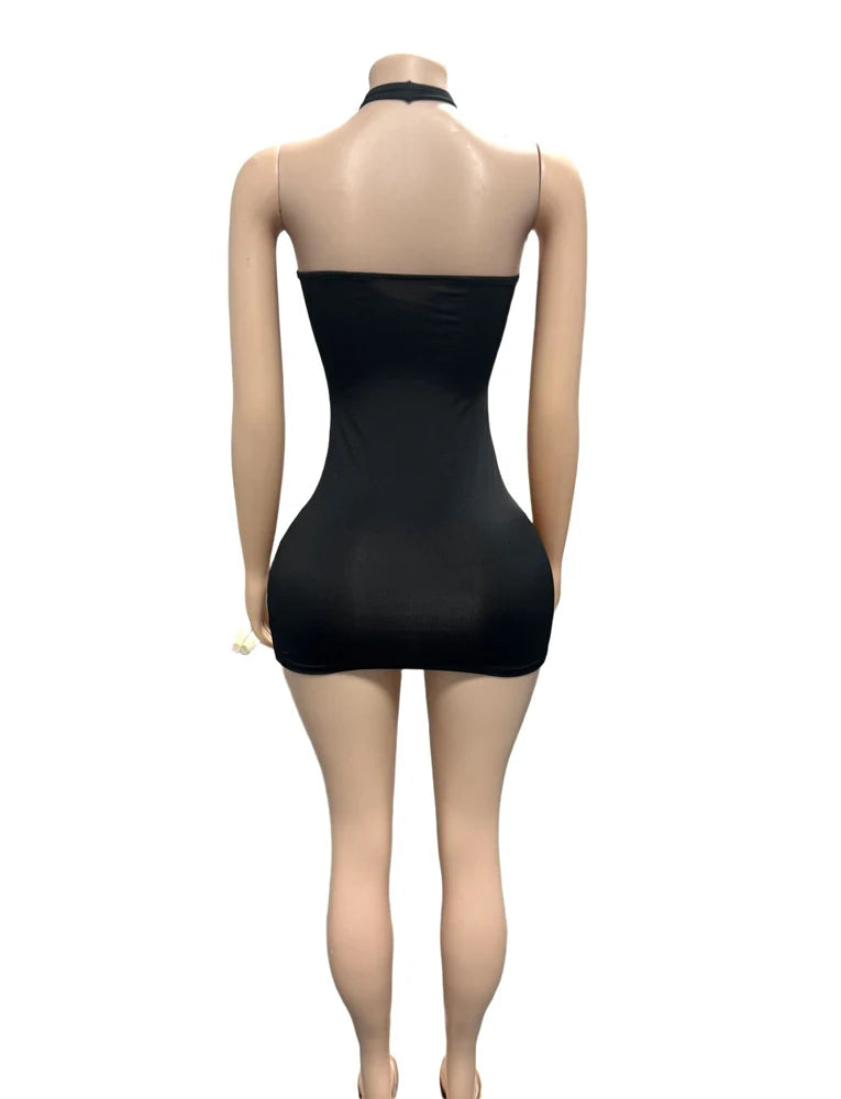 Sexy Women Dresses Halter Neck Lace Trim Front Hollow Sleeveless Skinny Clothing Midnight Club Party Bodycon Short Dress