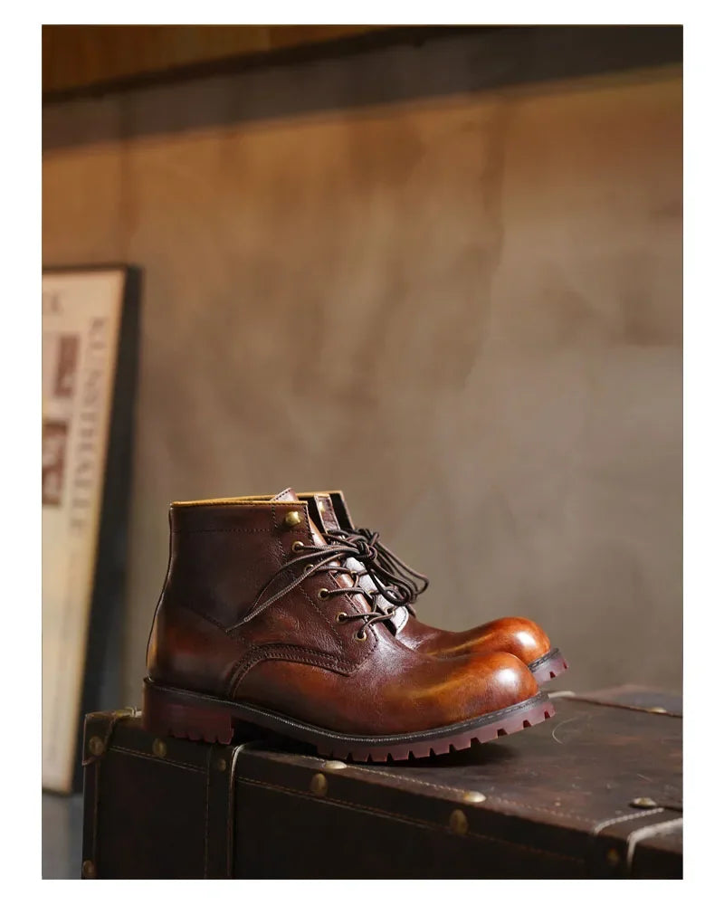 Fashion Men's Genuine Leather Motorcycle Boots British Brogue Shoes High-top Round Toe Mid-calf Chelsea Western Riding Boots