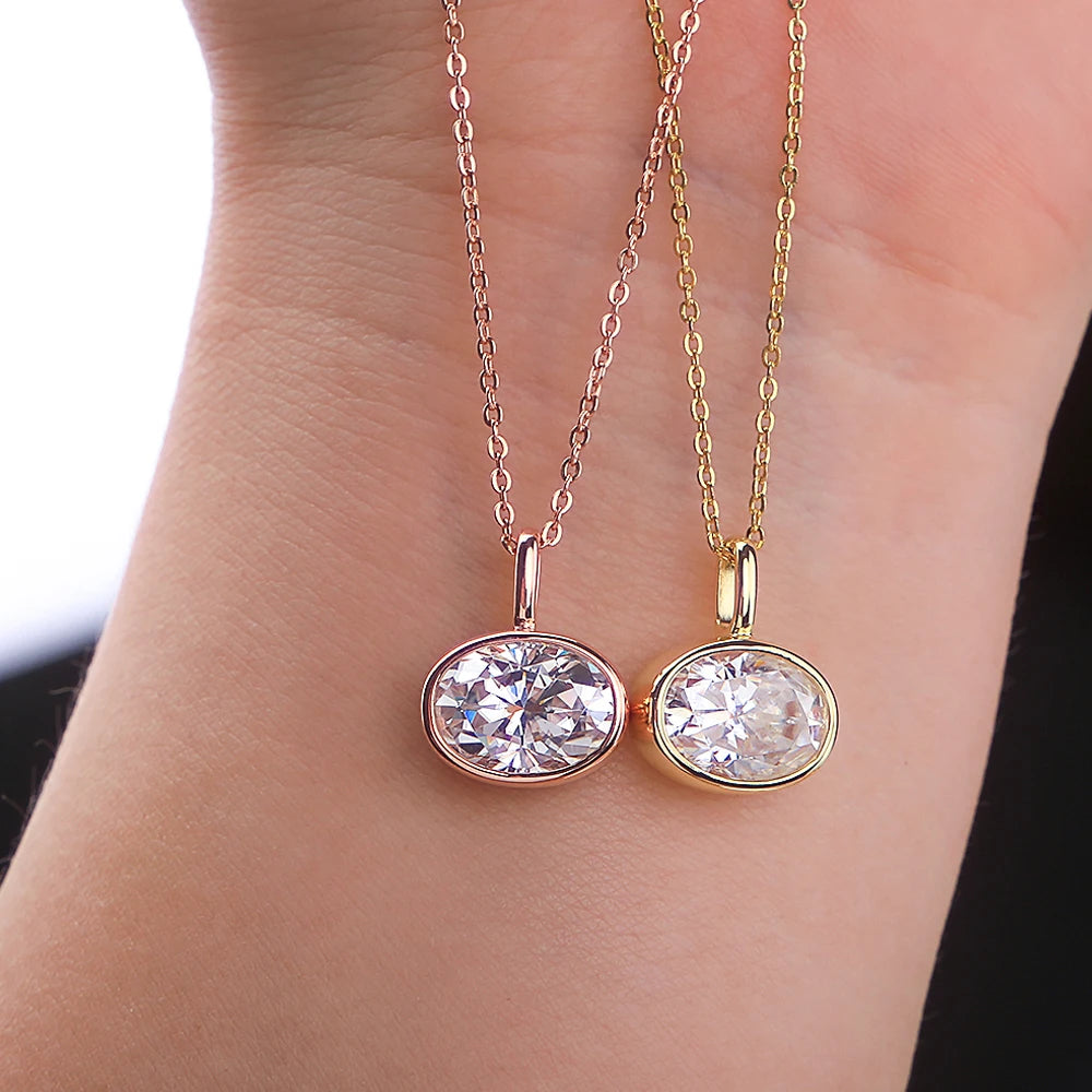Bezel Set 2-4Carat East West Oval Cut Moissanite Pendant Necklace for Women S925 Silver 18k Gold Plated Neck Chain Jewelry Gift