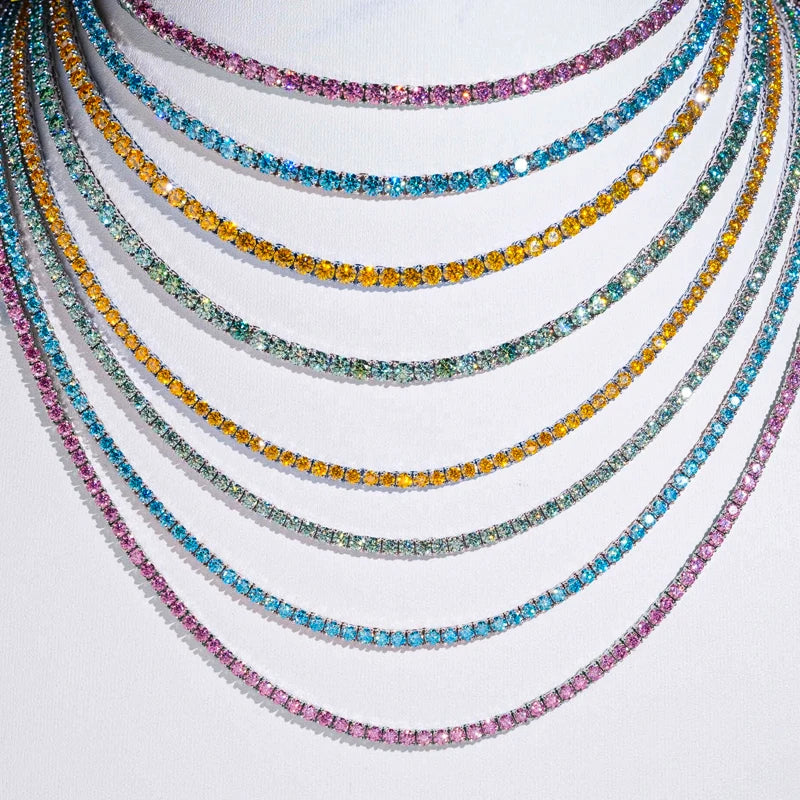 Hiphop 3-4mm Golden Yellow Moissanite Tennis Chain Bracelet Necklace S925 Silver Blue Moissanite Tennis Mecklace