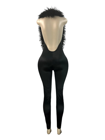 Sexy Fashion Jumpsuits Woman Furry Patchwork Low-Neck Backless Sleeveless Skinny Peach Hip Midnight Club Party Overalls