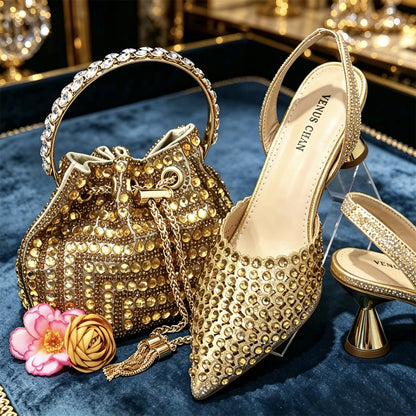 Venus Chan 2026 Elegant Women's Pointed Toe Heels - Wine Color Full Diamond Pumps with Matching Italian Shoes & Bags Set